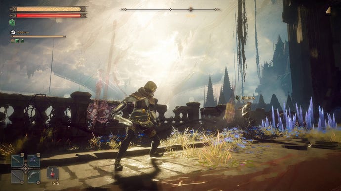 A warrior stands on a stone bridge in Babylon's Fall