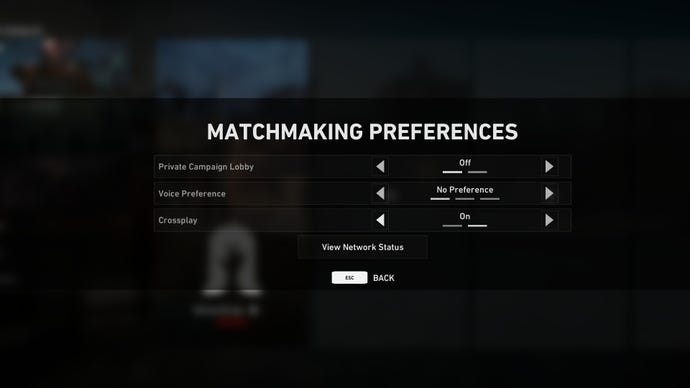 Screenshot of the crossplay setting in Back 4 Blood, found in the matchmaking preferences menu