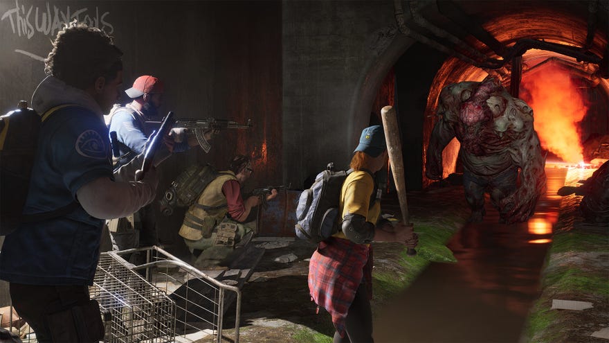 Back 4 Blood screenshot showing survivors fighting a giant zombie in a sewer.