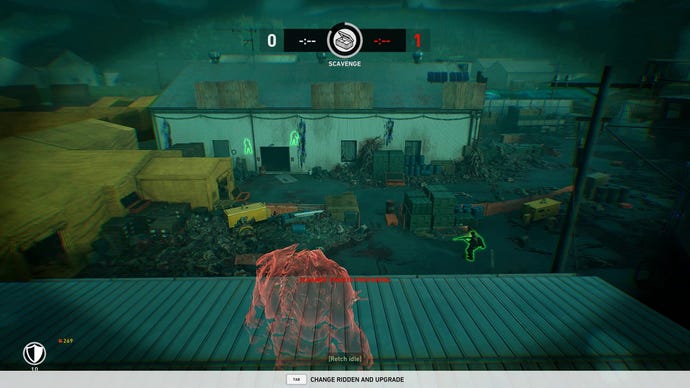 The red outline of a zombie looks out over a fortified camp in Back 4 Blood's PvP mode