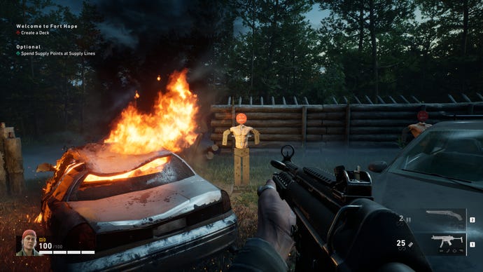 A target dummy next to a burning car in Back 4 Blood.