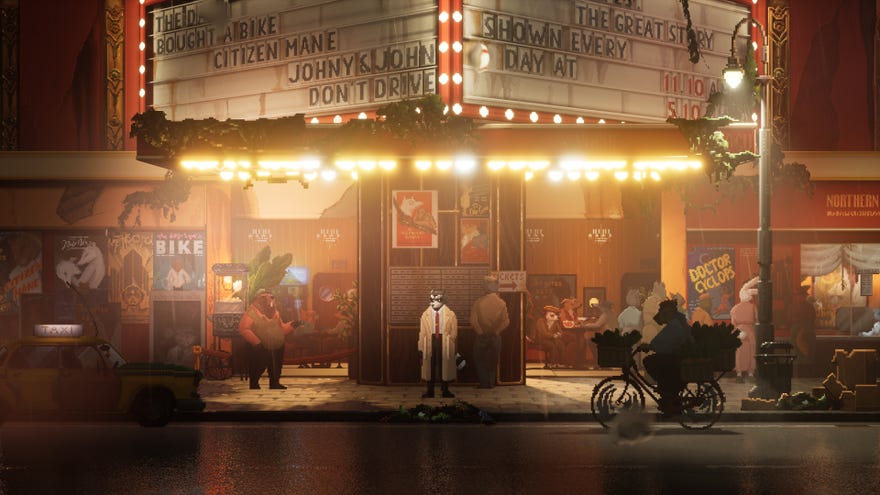 Backbone - A bipedal raccoon in a trenchcoat and business attire stands in front of a theater at night in the rain with bright yellow street lights and other animal people passing by.