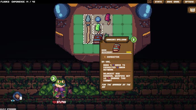 A small frog character stands underneath a huge open backpack that's filling half the screen, organised into tiles, and there are a variety of weapons and items filling those tiles.