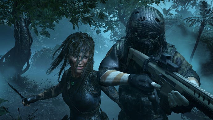 Lara Croft, covered in mud, is behind an enemy soldier and about to strike, in a promo screenshot from Shadow Of The Tomb Raider