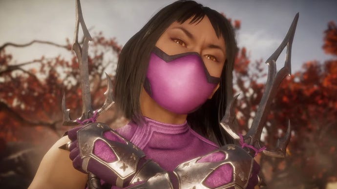 A headshot of Mileena from Mortal Kombat, a woman with bobbed dark hair and a purple mask obscuring the bottom half of her face