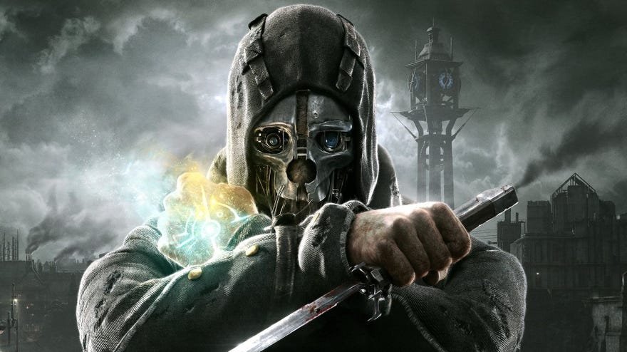 A key art short of Corvo from Dishonored, in his clockwork-skull mask with hood up, and his arms forming an x shape in front of his chest. One hand holds his knife, and the other has the mark of the Outsider glowing on it