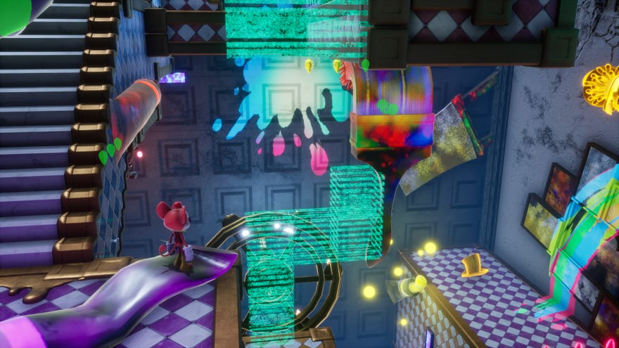 Balan Wonderworld - The main character is dressed in a red mouse costume looking at walls splashed with rainbow paint, a giant paintbrush, and a bunch of translucent platforms between them and another checkered hallway.