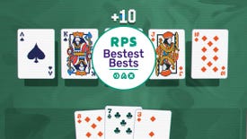 A straight hand of poker from Balatro, with the RPS Bestest Best logo in place of the Queen