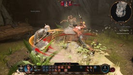 A character swings an axe at enemies while fighting in Baldur's Gate 3