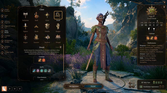 A character creation screen showing a tiefling druid in Baldur's Gate 3