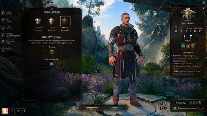 A character creation screen showing a human paladin in Baldur's Gate 3