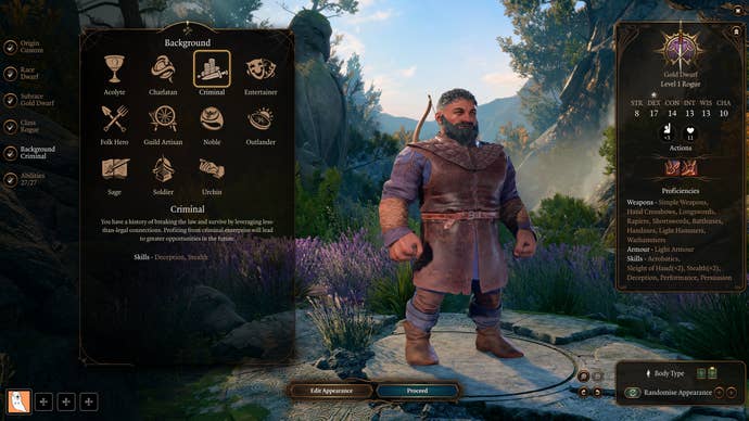 A character creation screen showing a halfling rogue in Baldur's Gate 3