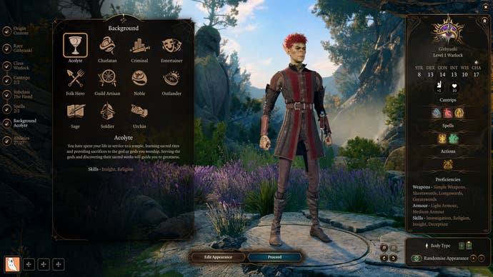 A character creation screen showing a Githyanki Warlock in Baldur's Gate 3