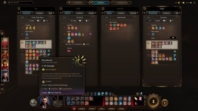 The spell selection screen in Baldur's Gate 3, highlighting the Moonbeam spell
