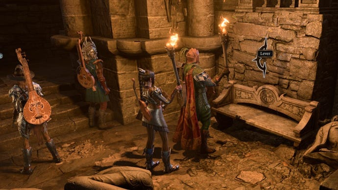 《博德之门 3》中，一队人站在玷污神殿的控制杆附近。