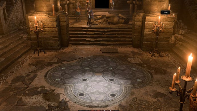 The solution to the Defiled Temple's puzzle, along with the location of the lever in the room.
