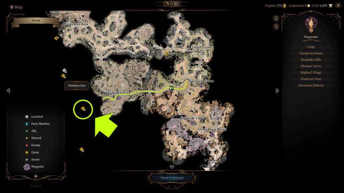 A map screen showing the location of the Goblin Camp in Baldur's Gate 3