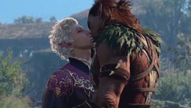 Astarion and Tav lock lips in a teaser image for Baldur's Gate 3's kissing update