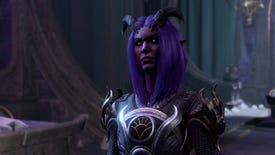 Nocturne, a Tiefling from Baldur's Gate 3 with purple hair and skin, in armour showing she's a follower of Shar