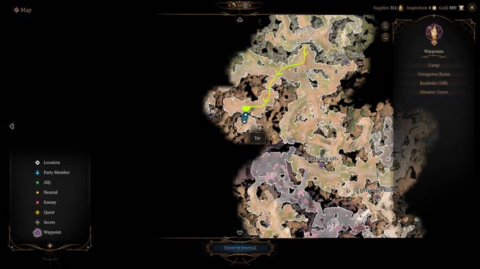 A map screen showing the location mentioned in the perfumed letter in Baldur's Gate 3