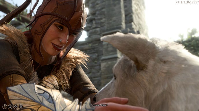 The player character in Baldur's Gate 3, a half elf in a leather helmet, pets a white mongrel dog called scratch