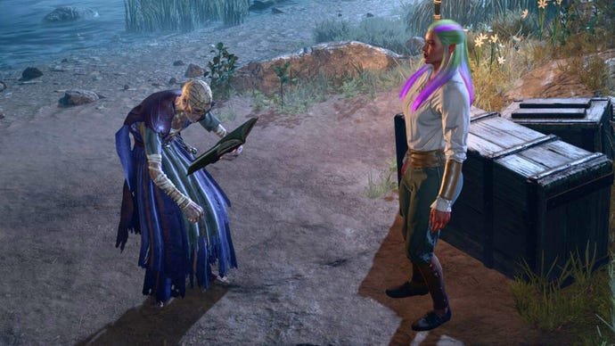 Withers speaks to a charater at the camp in Baldur's Gate 3.