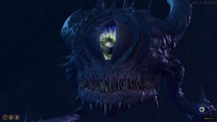 A spectator in Baldur's Gate 3, a big floating eye monster with one big eye, some eye stalks, and a bit needle-toothed mouth
