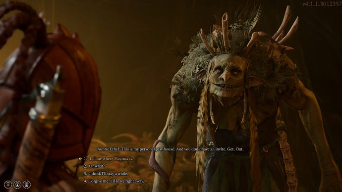 Threatening and being threatened by a hag, a creature that looks like an old woman made of mushrooms and wood, in Baldur's Gate 3