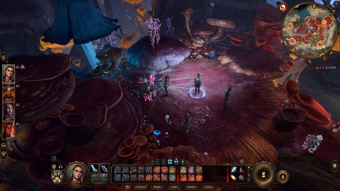 Standing on a giant mushroom, talking to humanoid mushrooms, in the Underdark in Baldur's Gate 3