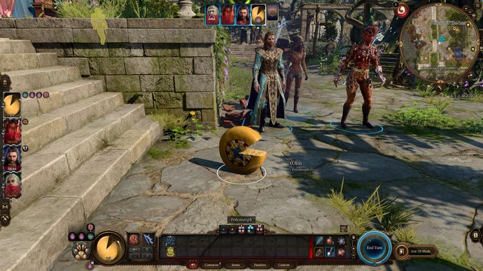 The player character in Baldur's Gate 3, having been turned into a wheel of cheese