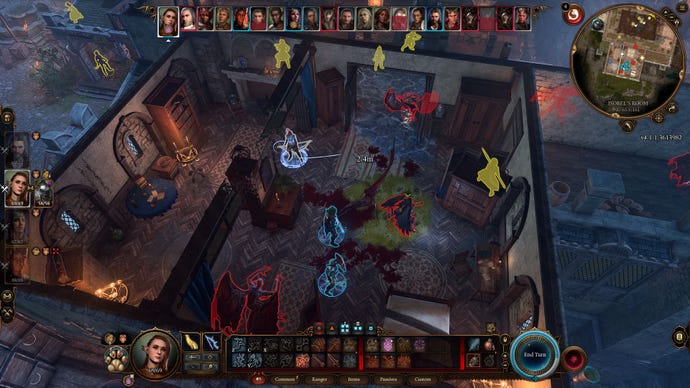 An intense turn-based fight in Baldur's Gate 3. A tavern has been attacked by demonic monsters.