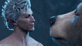 Baldur's Gate 3 character Astarion about to kiss a bear.