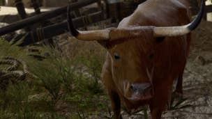Baldur's Gate 3 Strange Ox: A brown ox with large horns and a pink nose is staring at the camera