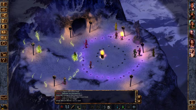 Les guerriers sont zappés par la foudre lors d'un rituel au sommet d'une montagne dans Baldur's Gate Enhanced Edition