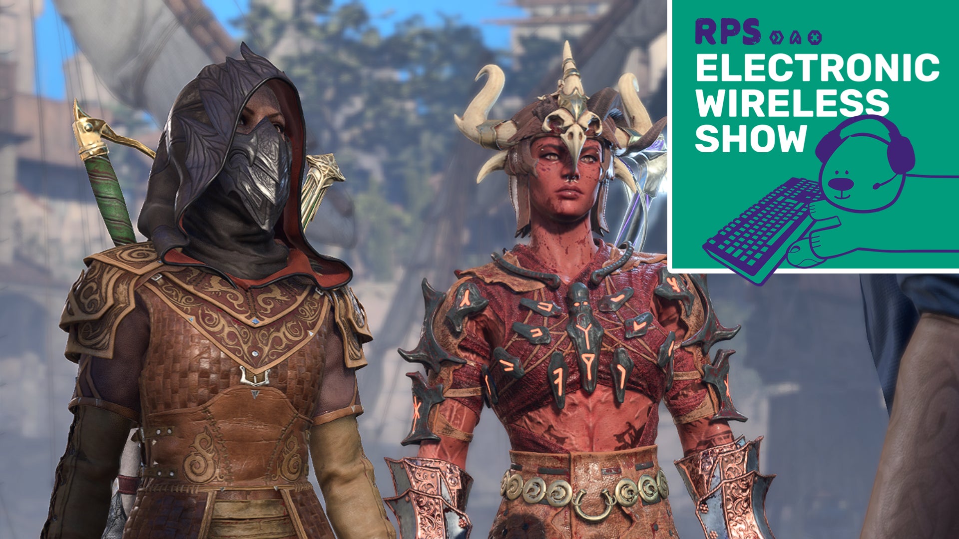 Karlach and Jaheira stand next to each other in Baldur's Gate 3, looking unimpressed. The Electronic Wireless Show podcast logo is in the top right corner