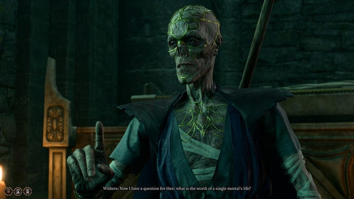 A withered corpse man asks the player a question in a dank crypt in Baldur's Gate 3