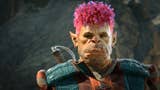 A pink and purple, curly-haired half-orc player character in Baldur's Gate 3. It's Bertie.