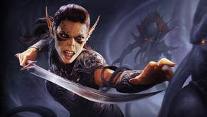A slender female warrior with pointed ears thrusts a curved sword towards the tentacled head of a mind flayer.