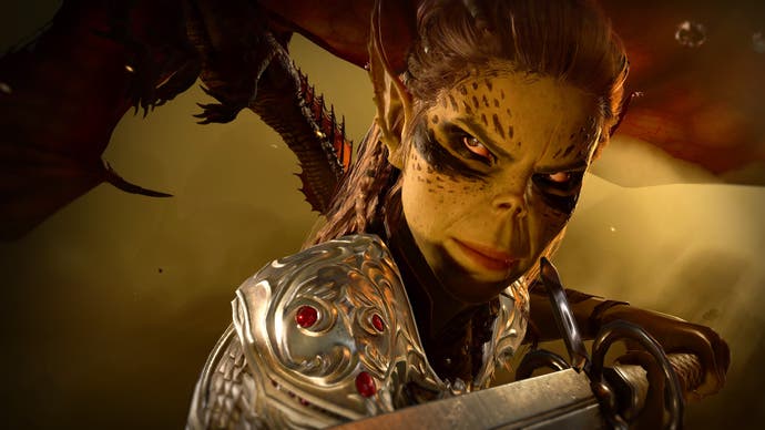 The Githyanki persona Lae'zel from Baldur's Gate 3, sword drawn and pointing on the camera, eyes narrowed. A dragon flies within the assist of her.