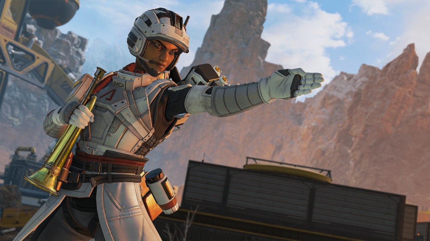 Bangalore pointing with purpose donning a new Collection Event skin in Apex Legends.