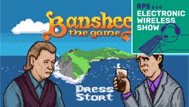 The start screen of the Banshees Of Inisherin tie-in game, with the Electronic Wireless Show square green logo in the top right corner