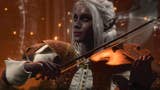 A dark elf bard playing something like a violin.