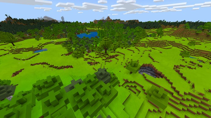 A Minecraft Bedrock screenshot of a landscape displayed using the Bare-Bones Texture Pack.