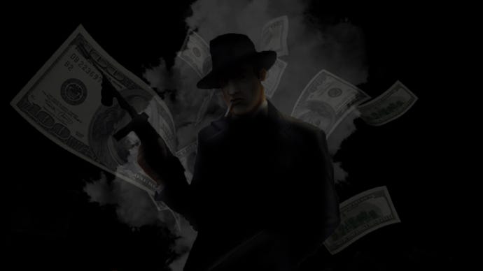 A Trilby-wearing, gun-toting Sims character in an extremely dark image, against a background of smoke and money bills. This is a promotional image for the Basemental Gangs mod.