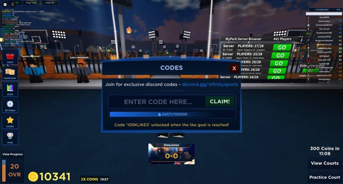 The pop-up window where you can enter codes in Basketball Legends.