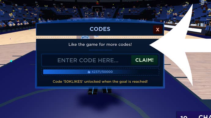 Arrow pointing at the codes menu in the Roblox game Basketball Legends.