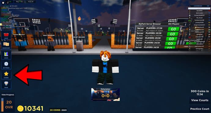 The Roblox player character was standing in MyPark with a red arrow pointing to the codes button.