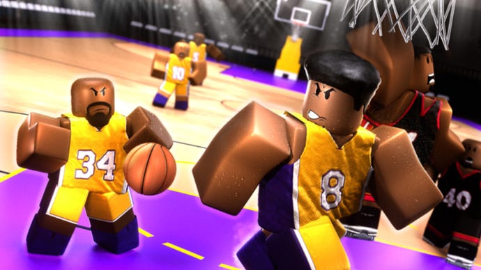 Artwork for Basketball Legends showing Robloxified characters on a basketball court, holding a ball.