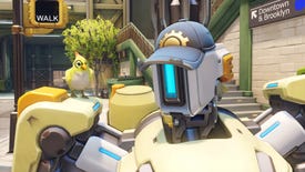 A close-up of Bastion in Overwatch 2, he's wearing one of Torbjorn's caps and Ganymede is sat on his shoulder.
