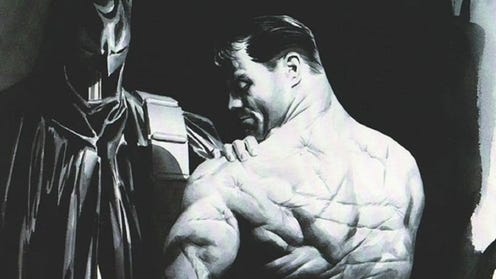 Illustration of Bruce Wayne featuring his back full of scars, next to the Batman suit